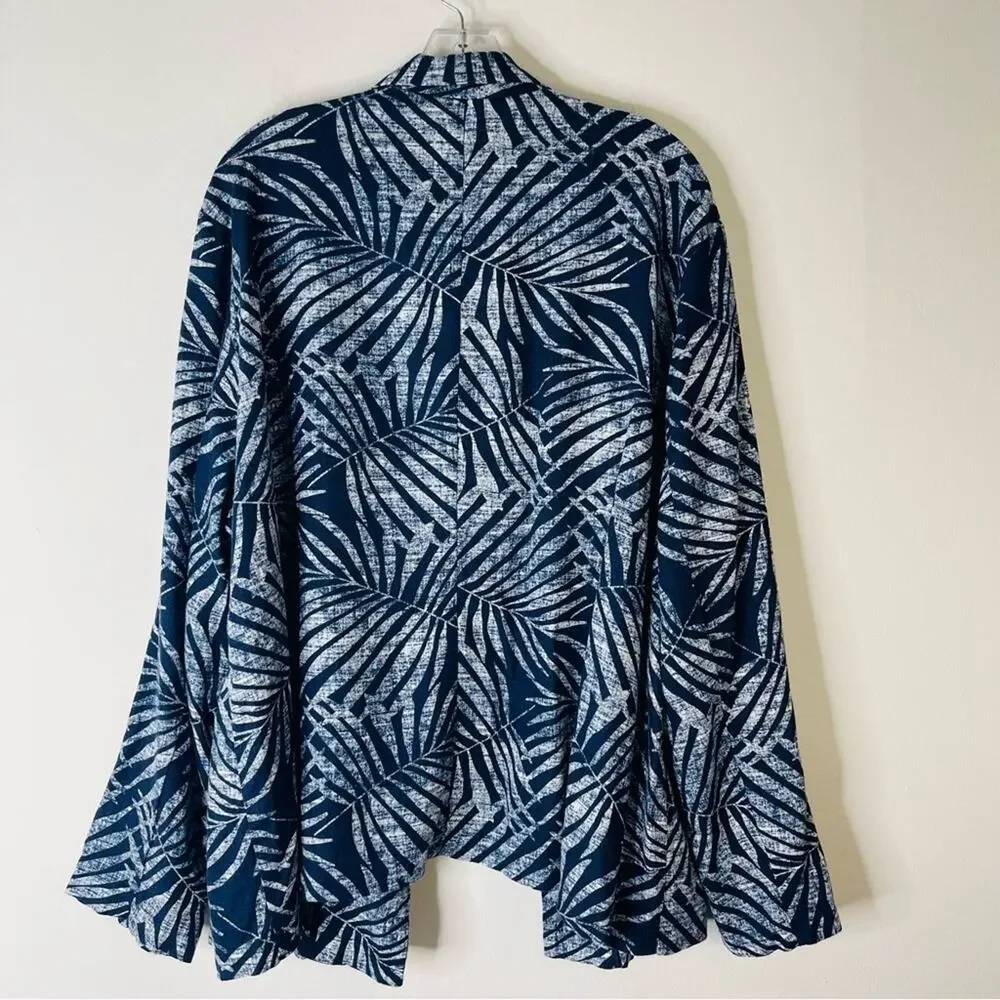 Old Navy blue white palm tropical linen lightweight open jacket XXL